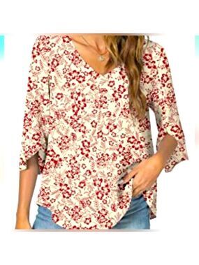 Taohuadao Blouse V Neck 3/4 Sleeve Floral Tunic Sz 3XL